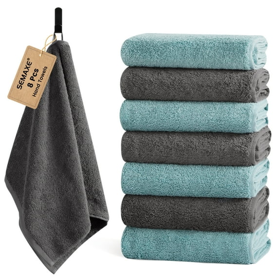 SEMAXE 8-Pack Cotton Hand Towels 16x28 Inches - 4 Gray & 4 Blue, Combed Cotton Quick-Dry & Absorbent Face Towels for Bathroom, Gym, Hotel