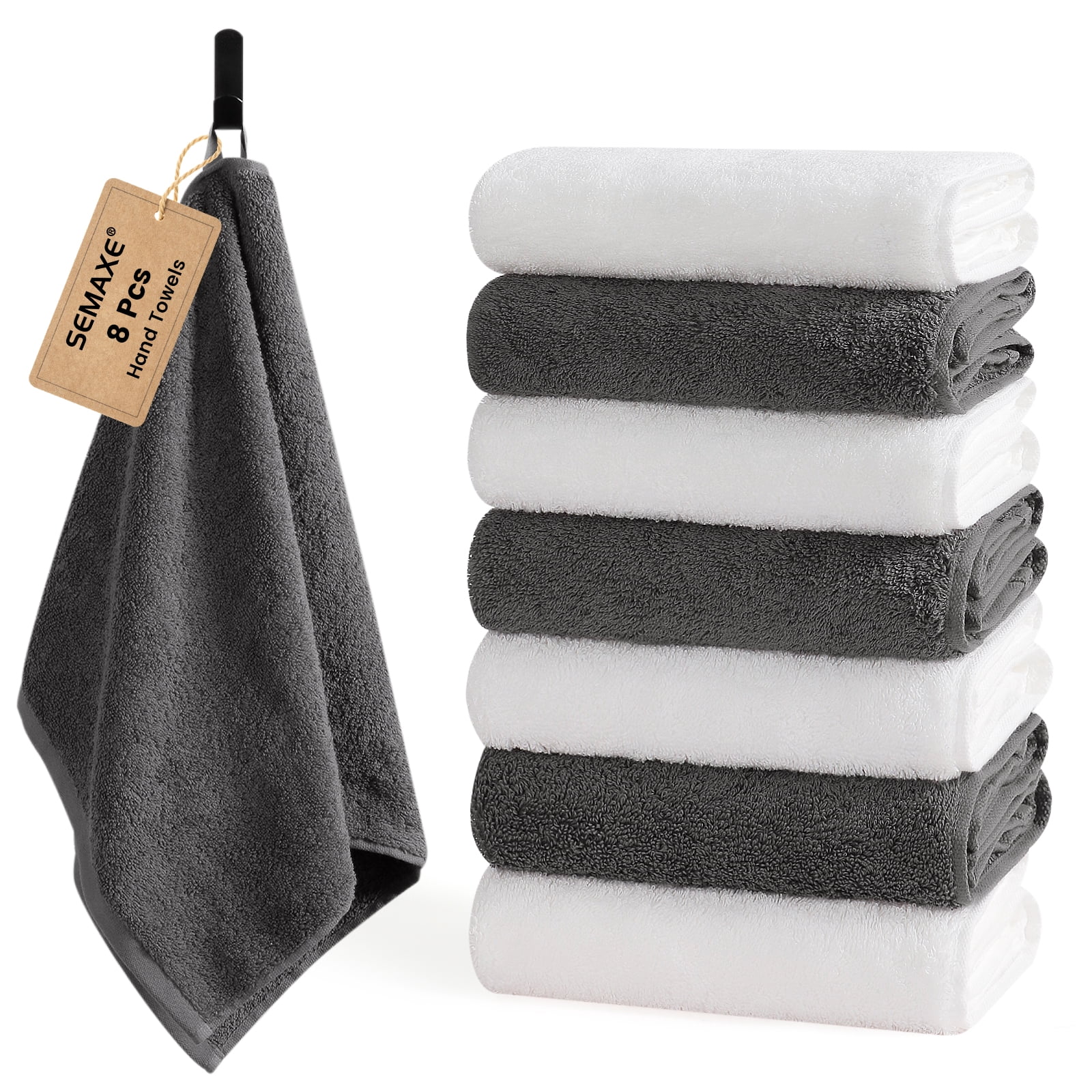 SEMAXE 8-Pack Cotton Hand Towels 16x28 Inches - 4 Gray & 4 White, Combed Cotton Quick-Dry & Absorbent Face Towels for Bathroom, Gym, Hotel