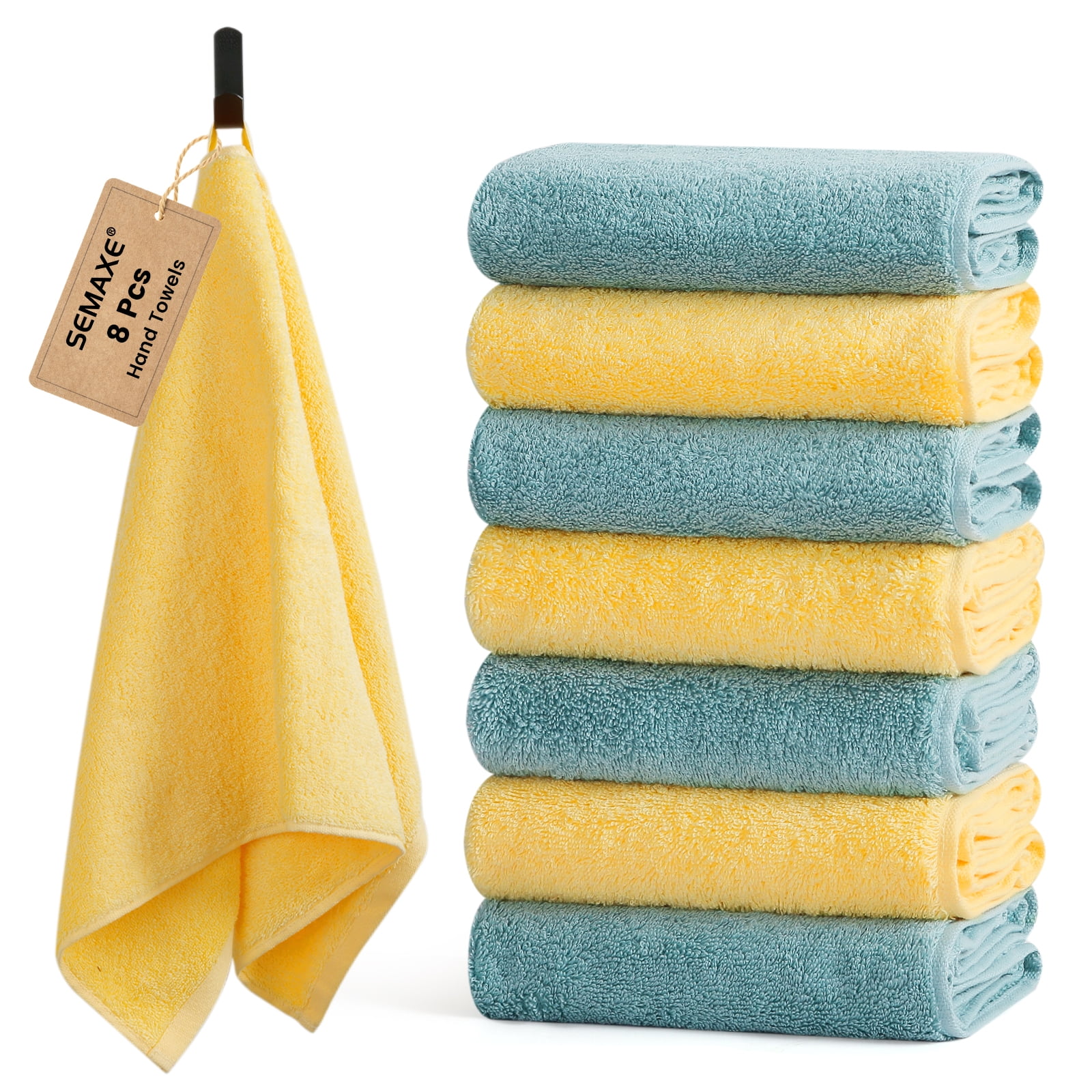 SEMAXE 8-Pack Cotton Hand Towels 16x28 Inches - 4 Yellow & 4 Blue, Combed Cotton Quick-Dry & Absorbent Face Towels for Bathroom, Gym, Hotel