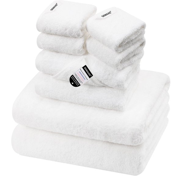 SEMAXE Luxury Cotton Bath Towel Set: 8-Piece (2 Bath Sheets 28x55" + 2 Hand Towels 16x28" + 4 Washcloths 13x13") | 550GSM, Ultra Plush | Spa, Hotel Grade for Family Bathroom Essentials, White
