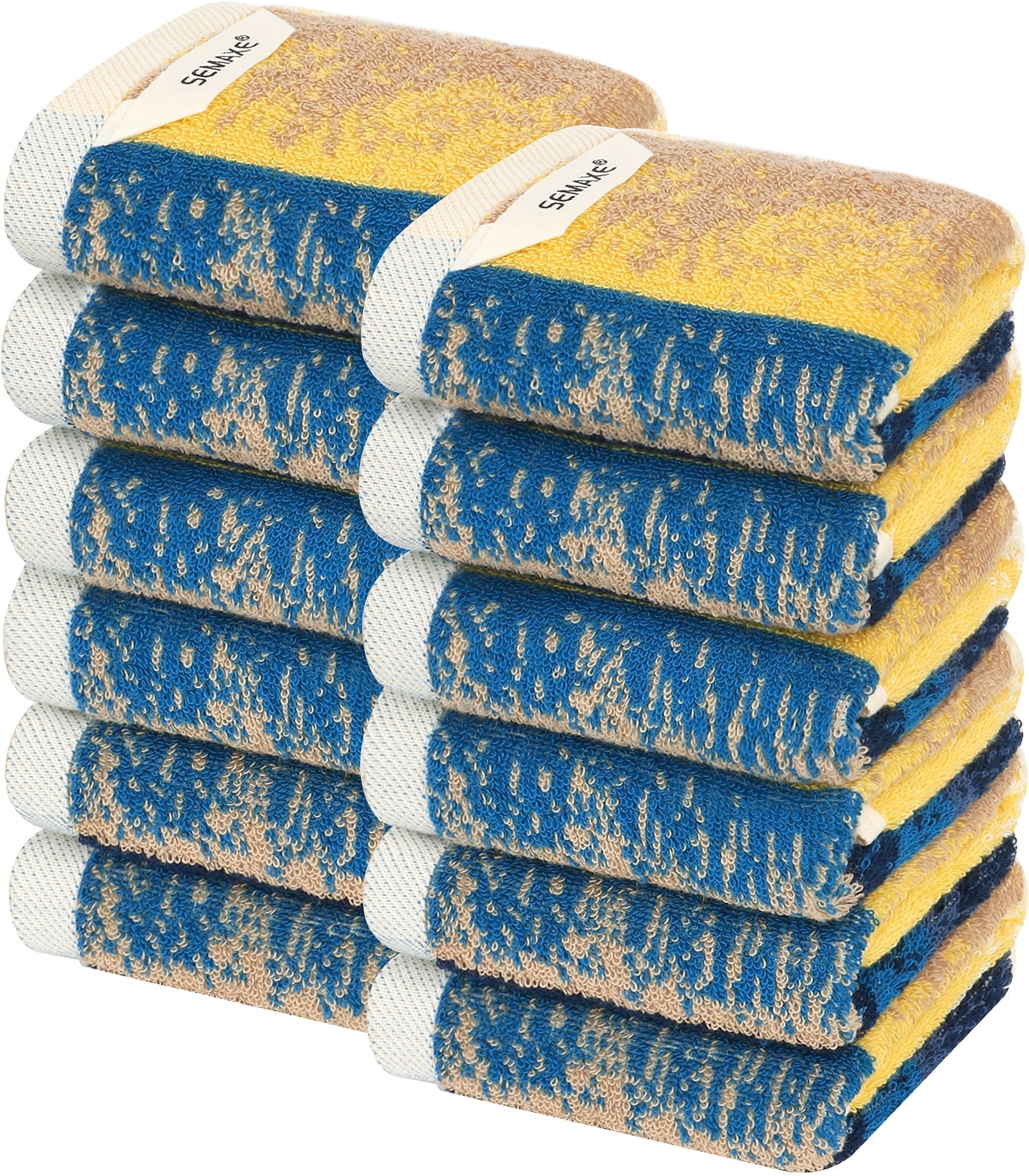 SEMAXE Pattern Washcloths Towels Set, 550GSM 100% Combed Cotton, 12-Pack, Blue