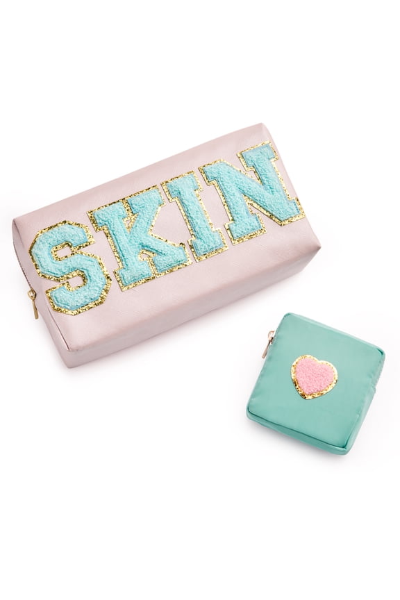 2pcs Makeup Bag Chenille Letter Cosmetic Bag PU Leather College Style Travel Toiletry Bag for Women Girls Pink