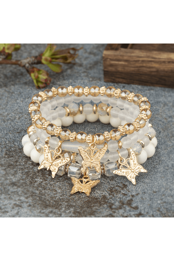 4 Pcs Bracelet Bohemian Tree of Life Bracelet Beige And Gold Beaded Elastic Set
