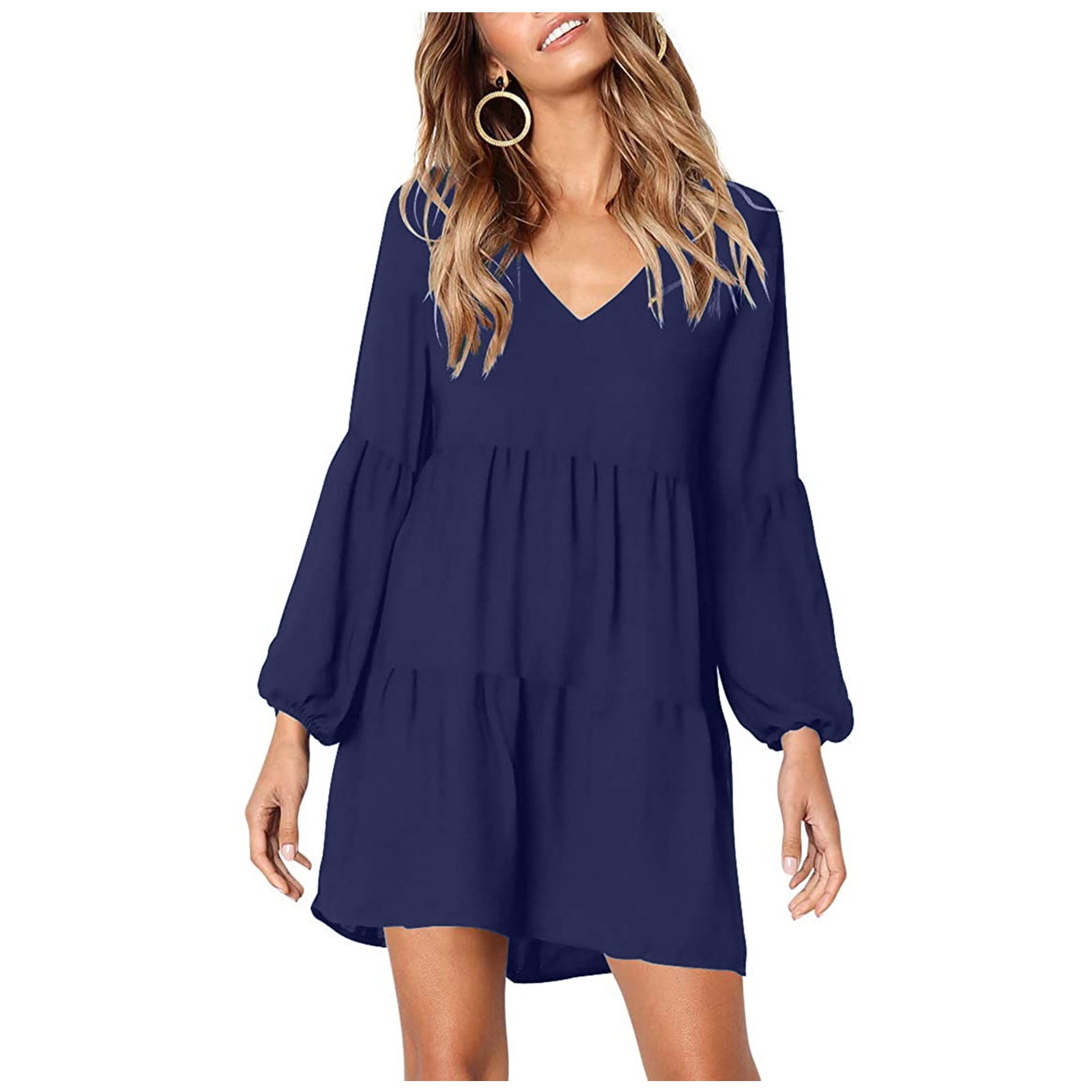SEMIMAY Fashion Women Solid VNeck Lantern Long Sleeve Flowy Swing
