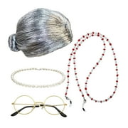 SEMIMAY Granny Wig Granny Wig Granny Ladies Granny Wig Glasses Chain Glasses Pearl Necklace (4pcs)