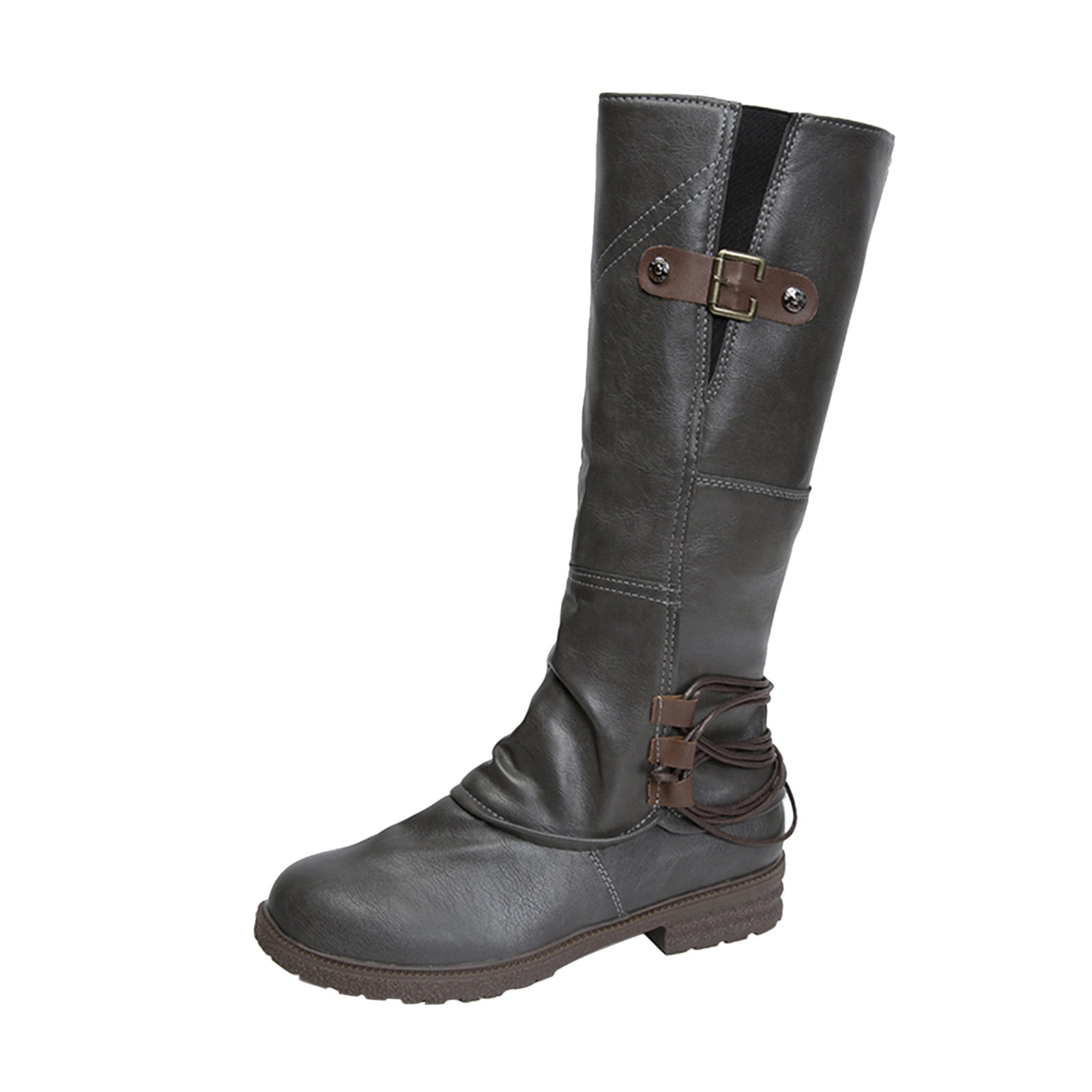 SEMIMAY Ladies Vintage Solid Color Leather Top Boots Side Zip Belt Buckle Flat Fashion Long Boots Grey Walmart
