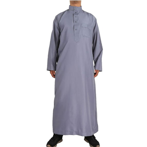 SEMIMAY Male Casual Robe Stand Collar Thobe Long Solid Pocket Long Sleeve Jubba Robe