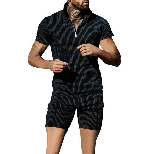 SEMIMAY Mens Vertical Stripe European And American Short Sleeve Shorts ...