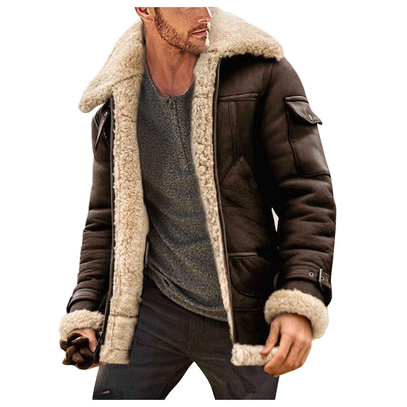 SEMIMAY Plus Size Jacket -Fur' Collar Sheepskin Leather Jackets Lapel  Winter Coat Long Style Men Sleeve Vintage Coat Thicken Padded Men's Hoodies  Sweatshirts