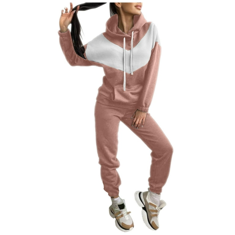 SEMIMAY Women Winter Stitching Color Tracksuit Long Sleeve Hoodies Loose  Trousers Suit Two Piece Set Lounge Clothing 