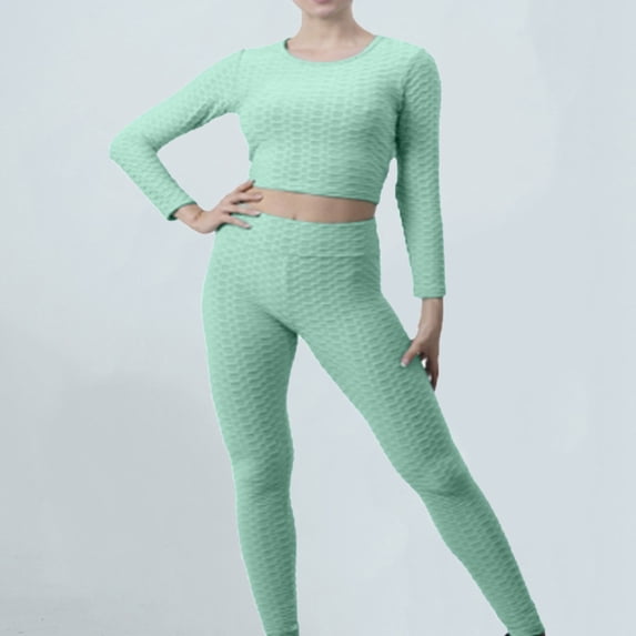 SEMPAI 2 Piece Workout Sets for Women Yoga Leggings Set with Long Sleeve Crop Top Gym Outfits Activewear Textured Matching Sets