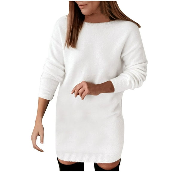 SEMPAI Up to 60% Off Plus Size Dresses Vacation Dresses for Women 2025 Casual Long Sleeve Crew Neck Solid Mid-Length Sundresses For Women 2025 Casual for Dressy Women's Plus Dresses Up to 60% Off