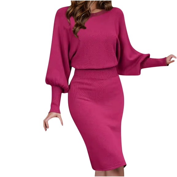 SEMPAI Up to 60% Off Summer Dresses Dresses for Women 2025 Long Sleeve Crew Neck Solid Mid-Length Sundresses For Women 2025 Casual for Evening Women Dresses Up to 60% Off