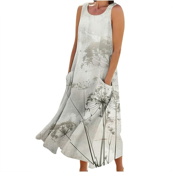 SEMPAI Up to 60% Off Summer Dresses Dresses for Women 2025 Sleeveless Crew Neck Print Long Summerdresses For Women 2025 Loose Flowy for Birthday Women Dresses Summer Savings