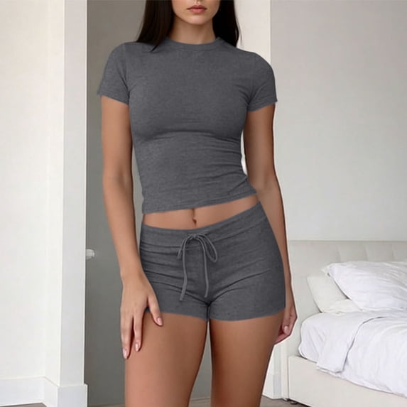 SEMPAI Athletic Sets for Women Drawstring Elastic Waist Drawstring Shorts Short Sleeve Tops 2 Piece Bottoms Summer