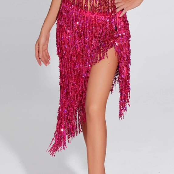 SEMPAI Belly Dance Hip Scarf Skirt Fringe Sequin Wrap Latin Salsa Costume Waist Shawl for Women Performance