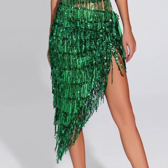 SEMPAI Belly Dance Hip Scarf Skirt Fringe Sequin Wrap Latin Salsa Costume Waist Shawl for Women Performance