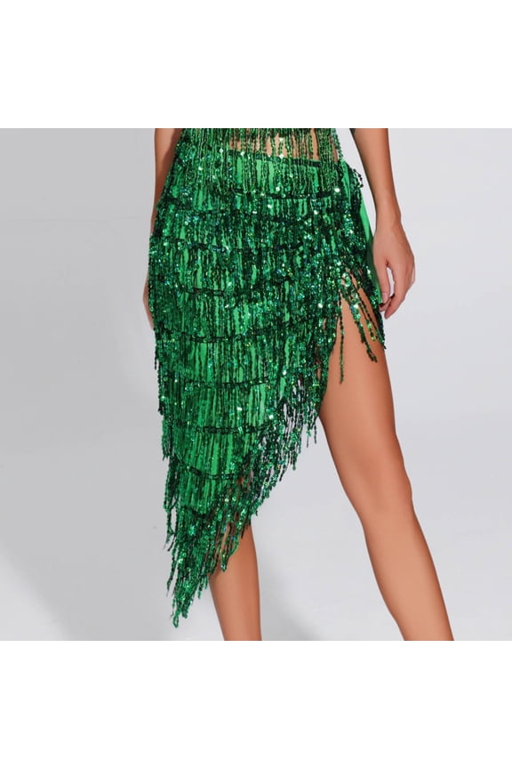 Belly Dance Hip Scarf Skirt Fringe Sequin Wrap Latin Salsa Costume Waist Shawl for Women Performance