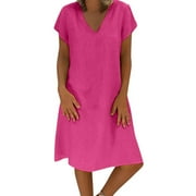 WALMART-DRESS SEMPAI Boho Dress for Women,Women's Shift Dress V-Neck Short Sleeve Cotton Line Dresses Solid Color Loose Fit T-Shirt Tunic Short Dres