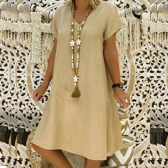 SEMPAI Boho Dress for Women, Women's Shift Dress V-Neck Short Sleeve Cotton Line Dresses Solid Color Loose Fit T-Shirt Tunic Short Dres Summer Savings Clearance