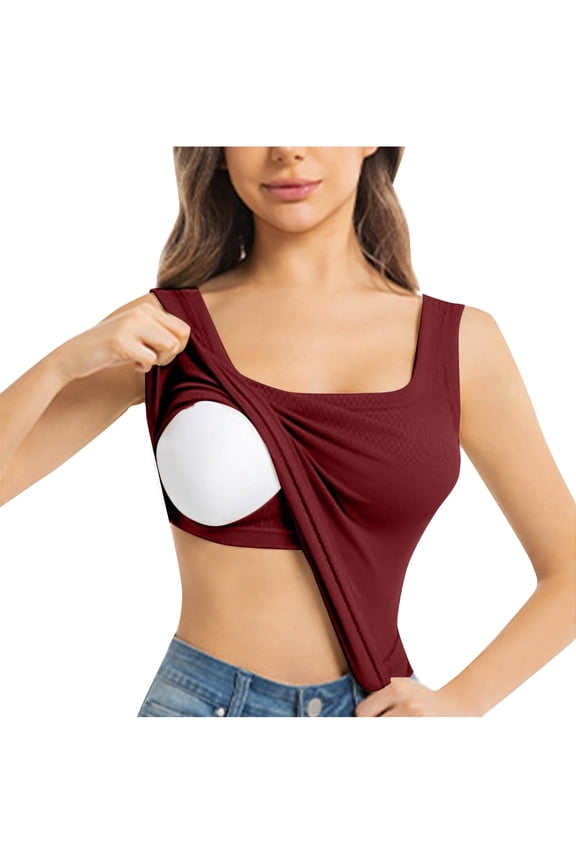 Built in Bra Tank Top for Women Solid Color Sleeveless Square Neck Basic Camisole Summer Stretch Fitted Undershirts