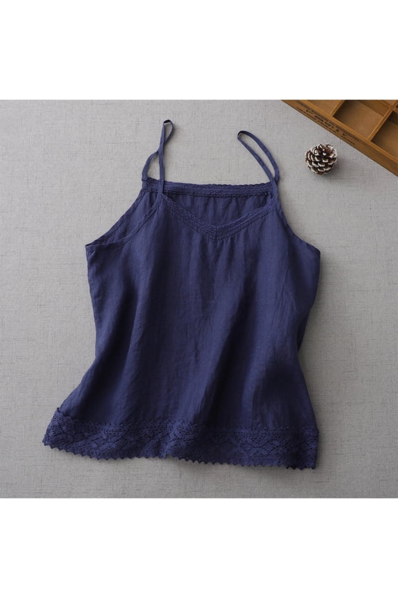 Camisole Tops for Women Summer Bohemian Crochet Lace Cotton Linen Shirts Casual Spaghetti Strap Sleeveless Cami Shirt