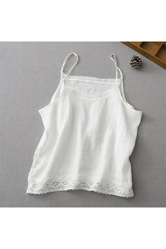 Camisole Tops for Women Summer Bohemian Crochet Lace Cotton Linen Shirts Casual Spaghetti Strap Sleeveless Cami Shirt