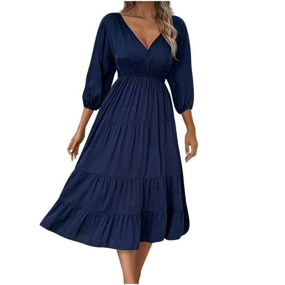 SEMPAI Summer Dresses Dresses Long Sleeve V-Neck Solid Mid-Length Summerdresses Casual for Fourth of July Women's Plus Dresses