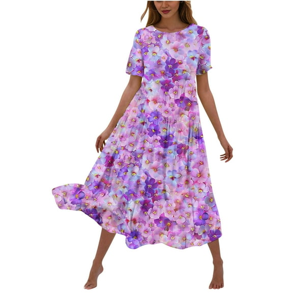SEMPAI Summer Dresses Sundresses for Women Short Sleeve Crew Neck Print Long Summerdresses Soft and Comfortable for Christening Women's Plus Dresses