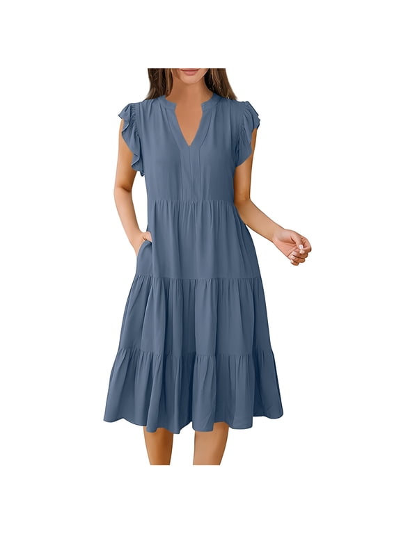 Summer Dresses Womens Summer Dresses Sleeveless V-Neck Solid Mid-Length Sundresses For Women 2025 Simple for Festival Women Dresses