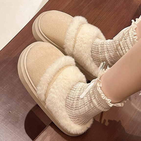 SEMPAI Women Plush Slip Thick Bottom Warm Thickened Home Slippers Beige US Size:5.5