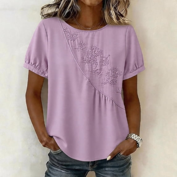 SEMPAI Cotton Linen Shirts for Women Summer 2026 Boho Retro Embroidered Tops Short Sleeve Dressy Casual Blouses Loose Tunics