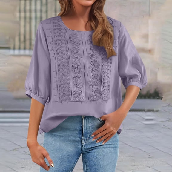 SEMPAI Cotton Linen Shirts for Women Trendy Retro Embroidered 3/4 Sleeve Boho Blouse Dressy Casual Bohemian Tops Loose Tunics