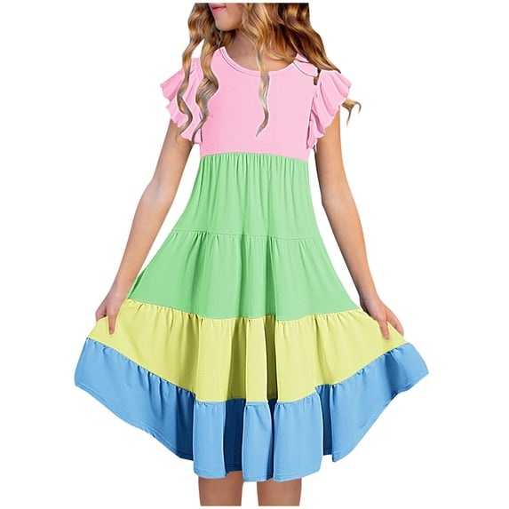 SEMPAI Fashion Girls' Summer New Short Sleeve Ruffled Pockets Round-Neck Printed Dress