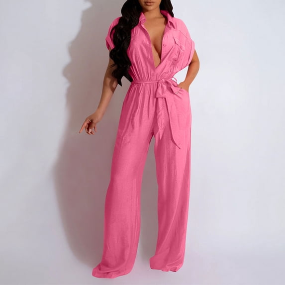 SEMPAI Fashionable Women's Casual Solid Color Short Sleeved Tie Loose Jumpsuit Up to 65% off
