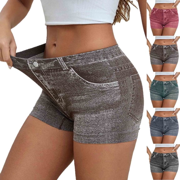 SEMPAI Faux Jeans Shorts for Women Summer Mid Rise Stretchy Denim Shorts Butt Lifting Slimming Ripped Shorts for Curvy Women