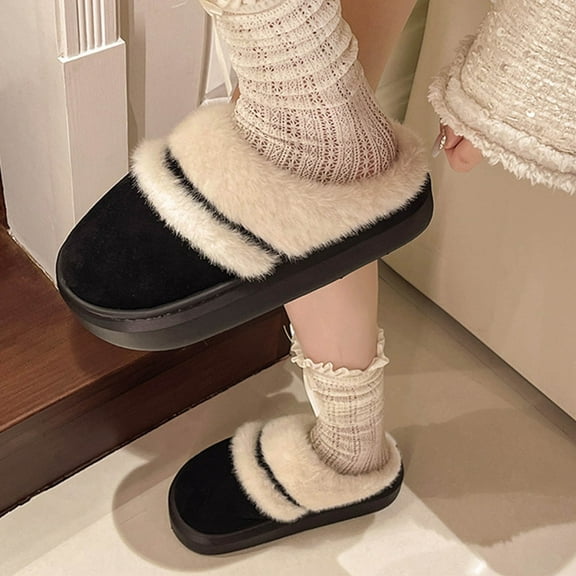 SEMPAI Women Plush Slip Thick Bottom Warm Thickened Home Slippers Black US Size:8