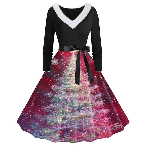 SEMPAI Summer Dresses Dresses Long Sleeve V-Neck Print Mid-Length Summerdresses Comfy for Cocktail Party Women's Plus Dresses Up to 60% Off