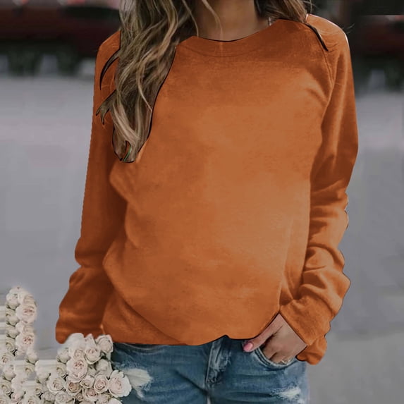 SEMPAI Hackless sweater Athletic Shirts & Tops Long Sleeve Round Neck Sweatshirts Womens Tops Regular Fit Amazing Prices Comfy Solid Plus Size Blouses for Ladies Sweatshirts