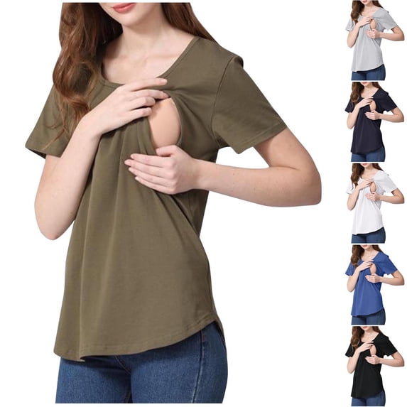 SEMPAI Hidden Nursing Tops for Breastfeeding Women Double Layer Crew Neck Maternity Shirts Postpartum Tee
