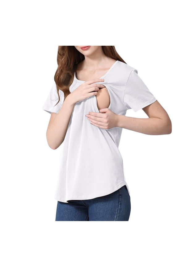SEMPAI Hidden Nursing Tops for Breastfeeding Women Double Layer Crew Neck Maternity Shirts Postpartum Tee