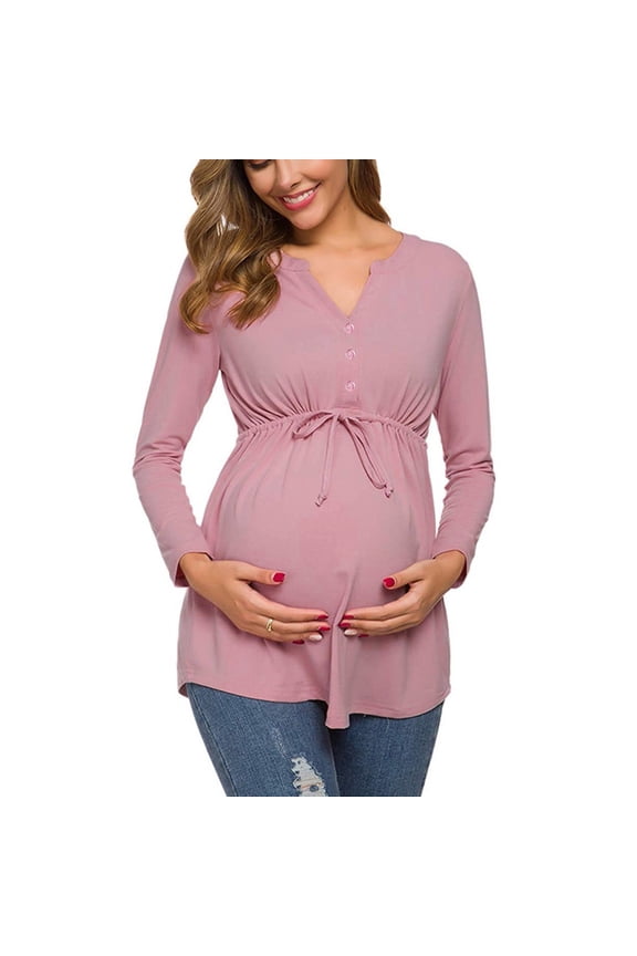 SEMPAI Long Sleeve Maternity Nursing Top for Women Casual V Neck Button Up Blouse Soft Cotton Drawstring Pregnancy Shirts