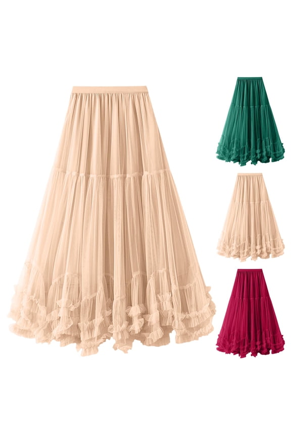 Maxi Tulle Skirts for Women Elastic High Waisted A Line Long Layered Tutu Mesh Ruffles Tiered Flowy Fairy Skirt