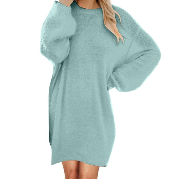 SEMPAI Plus Size Dresses Vacation Womens Summer Dresses Long Sleeve Crew Neck Print Mid-Length Summerdresses Stylish for Casual Women's Plus Dresses Up to 60% Off