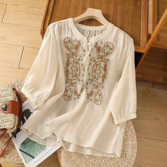 SEMPAI Retro Embroidered 3/4 Sleeve Tops Linen Shirts for Women Summer 2026 Boho Casual Loose Tunic Blouses Beach Clothes
