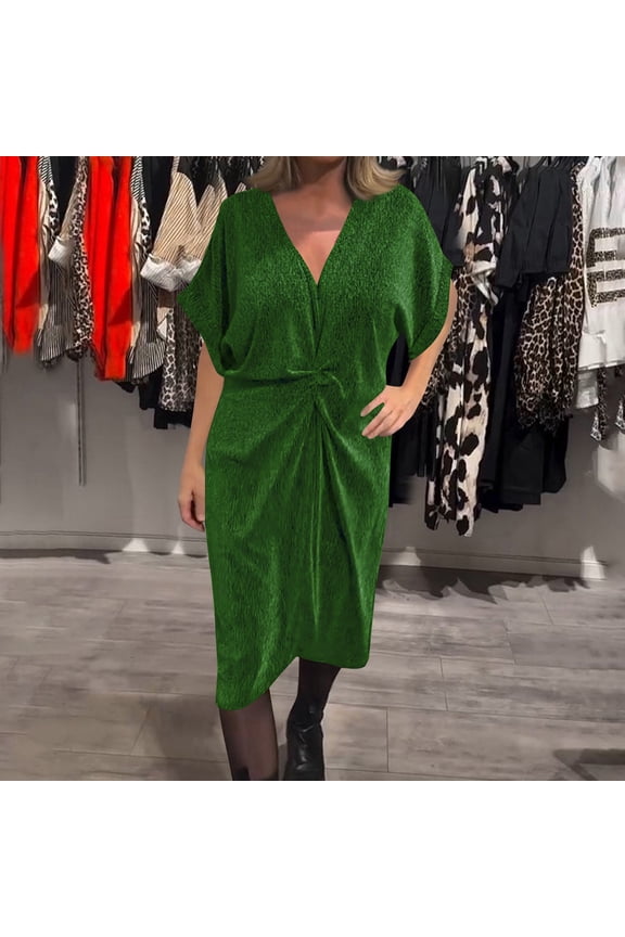 Shiny Batwing Party Dress for Women Loose Ruched V Neck Elegant Wedding Guest Cocktail Midi Dresses