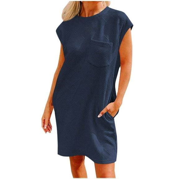 SEMPAI Summer Dress for Women Summer Dresses Short Sleeve Round Neck Solid Knee-Length Summer Dresses Sundresses for Women 2024 Comfy