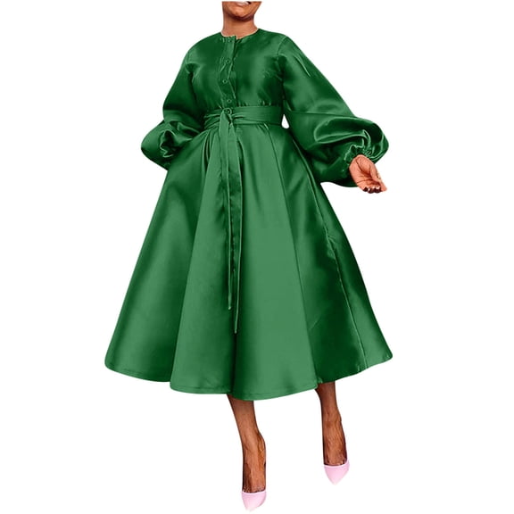 SEMPAI Summer Dresses Dress Long Sleeve Crew Neck Solid Mid-Length Sundresses For Women 2025 Simple for Easter Women's Plus Dresses