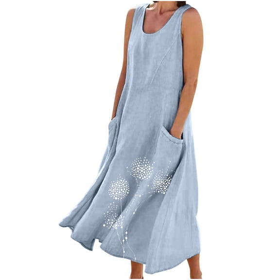 SEMPAI Summer Dresses Dresses Sleeveless Crew Neck Print Long Summerdresses For Women 2025 Trendy for Anniversary Women Dresses Up to 60% Off