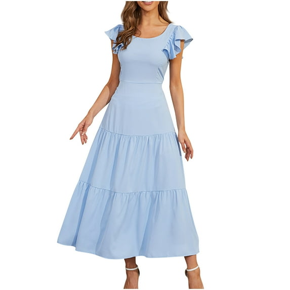 SEMPAI Summer Dresses Sundresses Short Sleeve V-Neck Solid Mid-Length Summerdresses For Women 2025 Casual for Formal Women's Plus Dresses Clearance